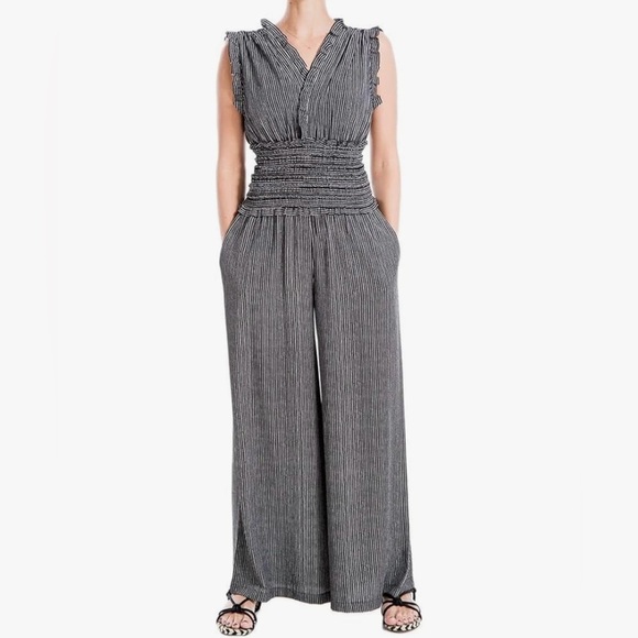Max Studio | Ruffled Deep V-neck Wide Smocked Elastic Waist Wide Leg Jumpsuit M - Picture 1 of 9